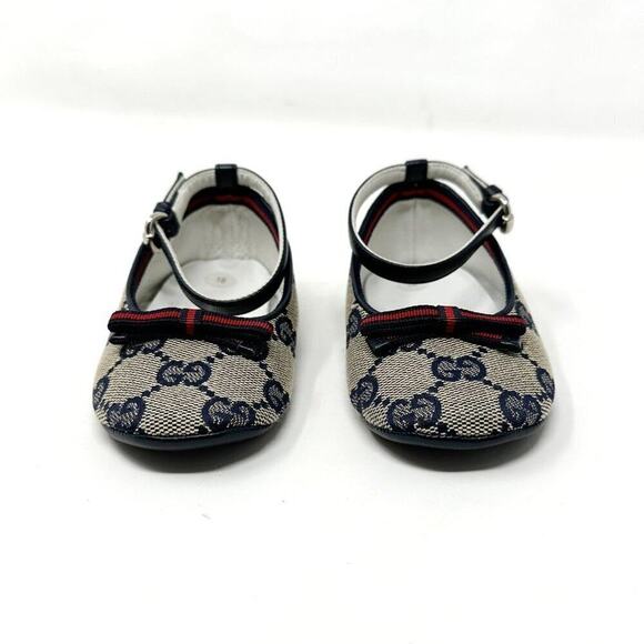 Gucci GG Supreme Blue Monogram Canvas Leather Trim Maryjane Baby Girl Shoes - Picture 3 of 9
